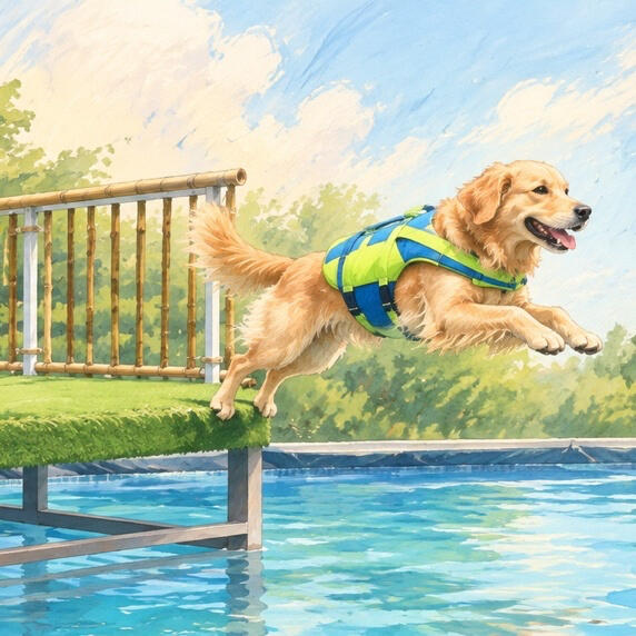 Golden Retriever jumping from the dock into the pool at Ducky Pool Haus